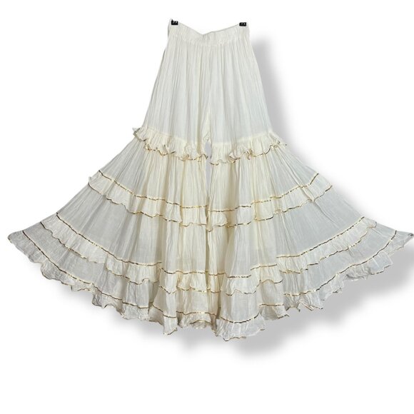 Sharara Bottoms Pants Tiered Gold Trim Flared Voluminous Off-White Elastic Waist - Picture 2 of 16